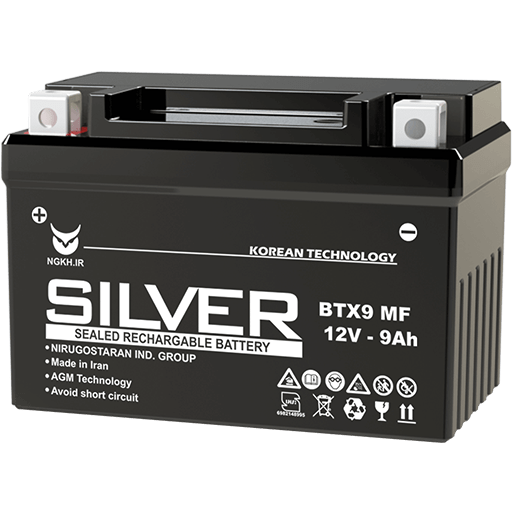 باتری موتور سیکلت 9 آمپر کوتاه سیلور نیرو گستران 12V9AH